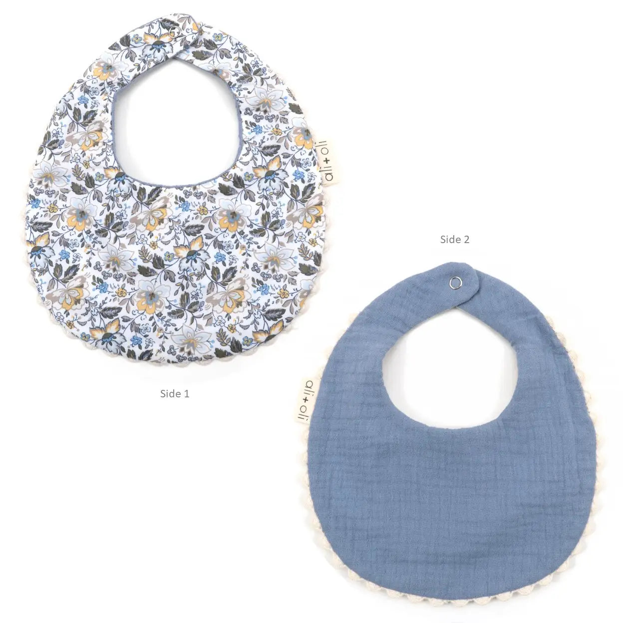 BLUE/FLORAL MUSLIN COTTON REVERSIBLE BABY BIB